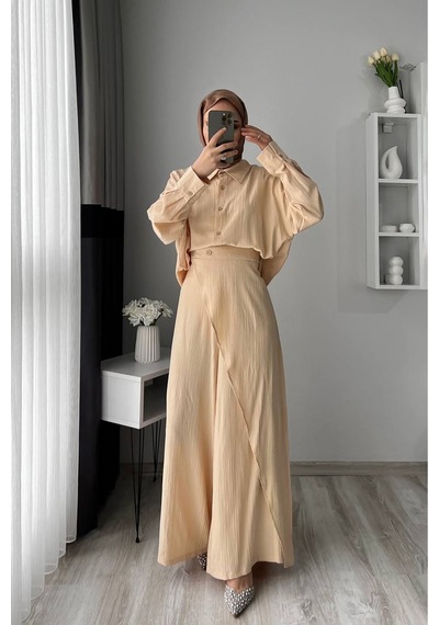 Neşeli Butik Kadın Tunik Pantolon İkili Tesettür Takım Nms052 Bej