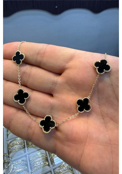 5 Li Siyah Yonca Kolye 45 Cm Altın