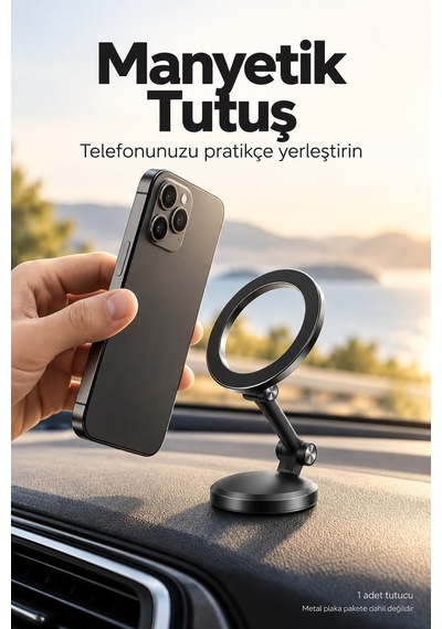 Katlanır 360 Derece Dönen Manyetik Araç Telefonu Tutacağı Siyah Tüm Telefonlarla Uyumlu Stand