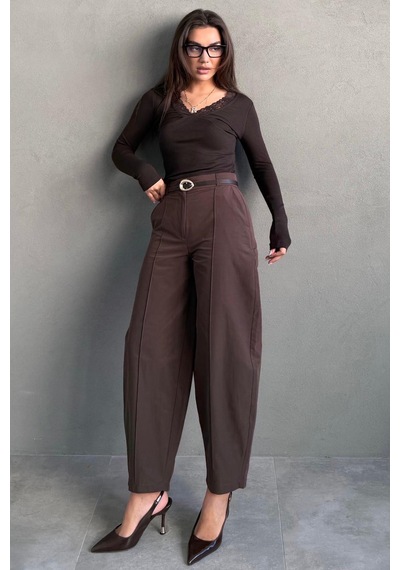 Madmext Kahverengi Modern Kesim Kemerli Yüksek Bel Bol Paça Kumaş Pantolon Mg2618 Kahverengi