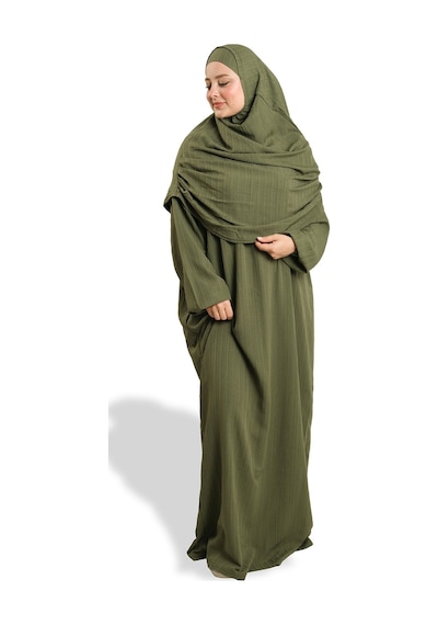Hürrem Bone 2 Parça Namaz Elbisesi Dokuma Kendinden Desenli 2502 09 Haki