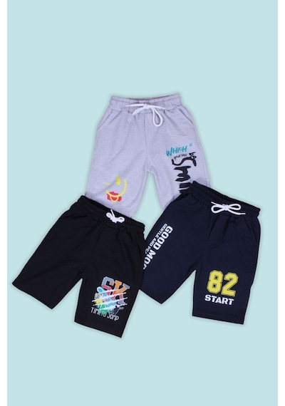 Panios Kids 3'lü Smile-sk-82 Start Baskılı Erkek Çocuk Çift Cepli Gri-siyah-lacivert Şort Çok Renkli