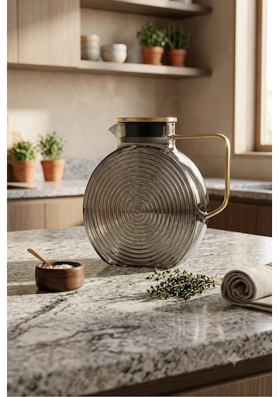 Borosilikat Cam Füme Salyangoz Desenli Sürahi 2500 Ml Buzdolabı Kapağına Uygun