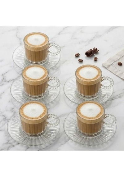6'li Cam Kahve Fincanı Seti Boncuk Kulplu Şeffaf Espresso & Türk Kahvesi Fincan Takımı Tabaklı Diğer