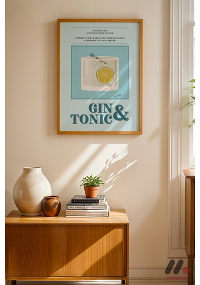 Gin Tonic Tarif Posteri, Ahşap Çerçeveli Duvar Tablosu - Mutfak Dekorasyonu
