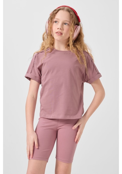 Gül Kurusu Pamuklu O Yaka Oversize Fit Basic Kız Çocuk T-shirt - 75182 Gülkurusu
