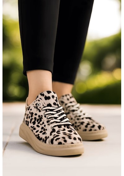 Günlük Kadın Sneaker Leopar Desenli Bağcıklı Oval Burun Yüksek Kalın Topuklu Spor Ayakkabı 313 Açık Leopar