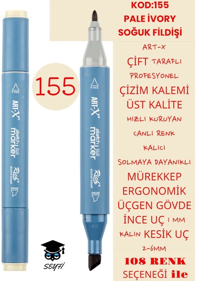 Çift Taraflı Profesyonel Çizim Kalemi Kalıcı Mürekkep Üçgen Gövde İnce Uç 1 Mm Kesik Uç 2-6mm Sketch 155-soğuk Fildişi