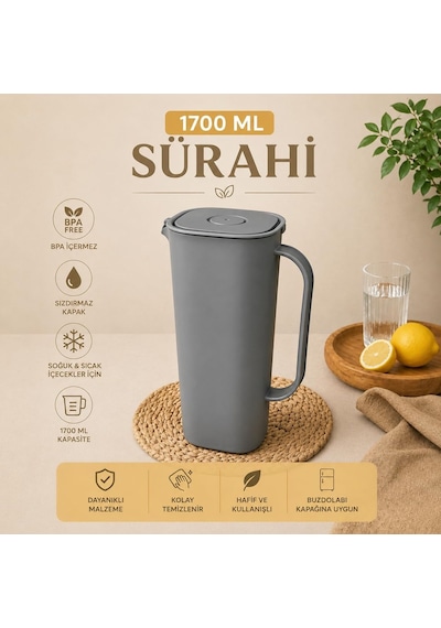 Ayrex 1700 Ml Sürahi, Sızdırmaz Kapaklı Bpa İçermez Buzdolabı Kapısına Uygun Ergonomik Saplı Soğuk Ve Sıcak Diğer