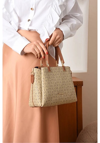 Just Polo Kadın Baskılı Ayarlanabilir Askılı Shopper El & Omuz Çantası Shoulder Bag Vizon - Taba