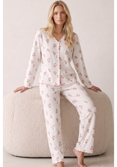 Siyah İnci Yumuşak Tuşe Kışlık Fitilli Pamuklu Örme Düğmeli Hırka Pijama Takım 8073 Lale