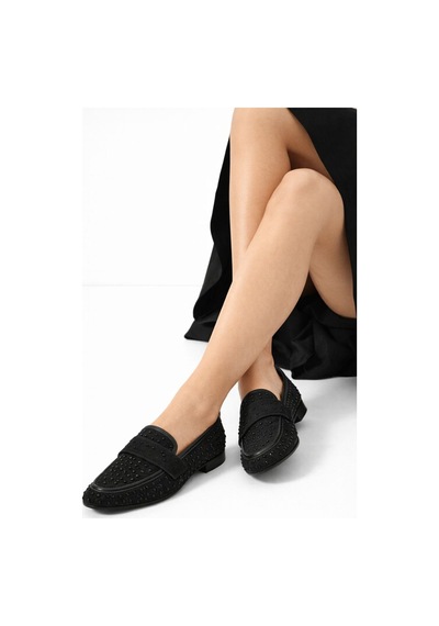 Mery Ceyn Taşlı Küt Kare Loafer Şık Babet Siyah-siyah