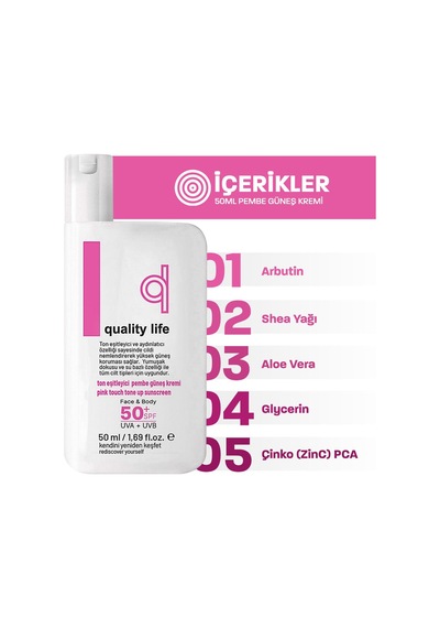 Quality Life Ton Eşitleyici ve Aydınlatıcı Pembe Güneş Kremi SPF50+ 50 ML