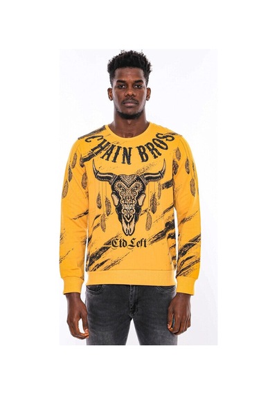 Wessi Hardal Baskılı Taşlı Bisiklet Yaka Sweatshirt Hardal