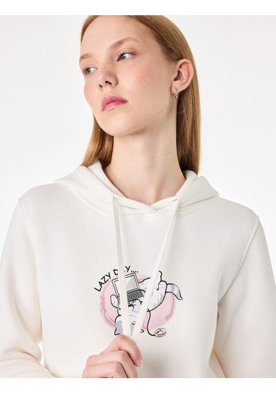 Koton Üç İplik Şardonlu Uzun Kollu Kanguru Cepli Kedi Baskılı Kapüşonlu Sweatshirt Ekru 7wal10054ık