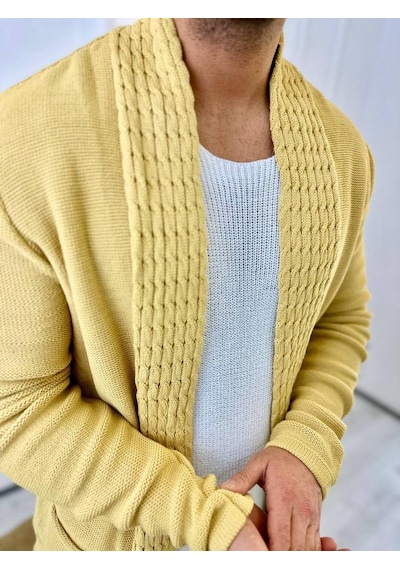 Elku Moda Hırka Örgülü Şal Yaka Cepli Tüylenmez Örgü Triko Hırka Sarı