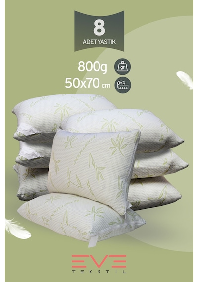 Eve Tekstil 8 Adet Bamboo Serisi Kılıflı Fermuarlı Yıkanabilir Antialerjik Silikon Elyaf Yastık 50x70cm 800 Gr Yeşil