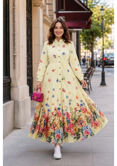 Hb Harma Time Butik Kadın Düğmeli Çiçek Desenli Modal Sarı Elbise Hardal