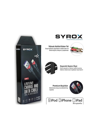Syrox C93 Örgü Lightning 2 Amper Hızlı Şarj Ve Data Kablo - 1 Mt