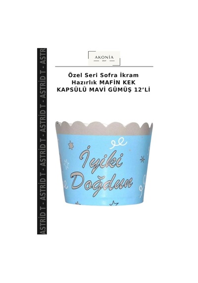 Özel Seri Sofra İkram Hazırlık Mafin Kek Kapsülü Mavi Gümüş 12 Li