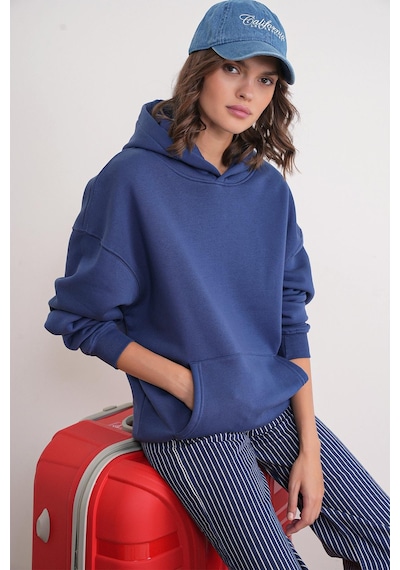 Mixray 2022 Unisex 3iplik Basic Polarlı Kapüşonlu Sweatshirt Hoodie Lacivert