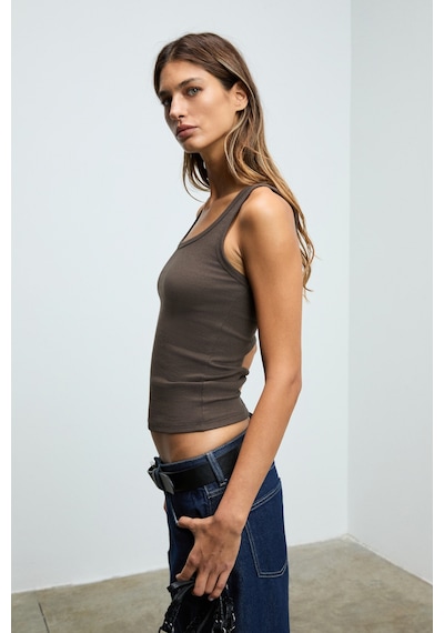 Ethıquet Lıllesol Kadın Fitilli Görünümlü Slim Fit Vücuda Oturan Havuz Yakalı Pamuklu Basic Kahveren Kahverengi