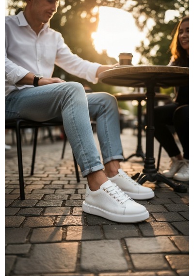 Enoch Hakiki Deri Lazer Kesim Detaylı Günlük Erkek Sneaker Comfort Taban Beyaz