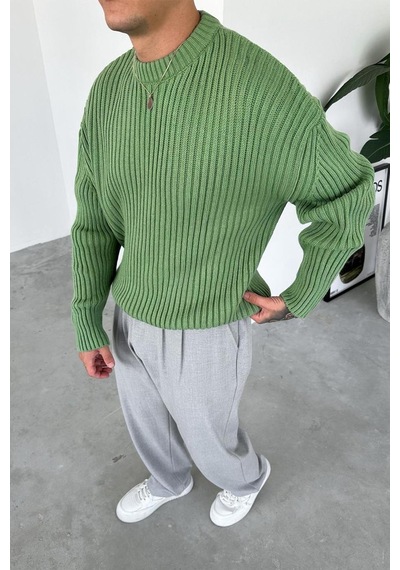 Yeşil Bisiklet Yaka Fitilli Oversize Triko Kazak Yeşil