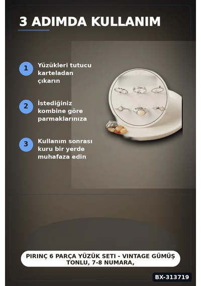 Pirinç 6 Parça Yüzük Seti - Vintage Gümüş Tonlu, 7-8 Numara, Kadın Bijuteri Aksesuar Bx-313719 Çok Renkli