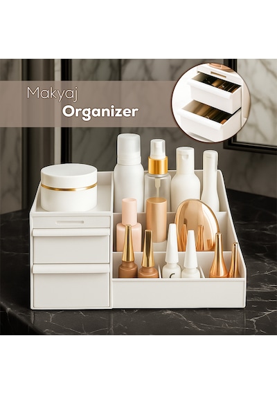 Porsima 5303 Çok Amaçlı Organizer 2 Çekmeceli Kozmetik Parfüm Krem Takı Makyaj Düzenleyici Beyaz