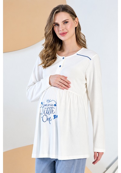 Feyza 3 Lü %100 Pamuk Uzun Kol 5408 Hamile Lohusa Pijama Takımı Mavi