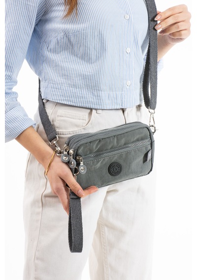 Nemo Bags Gri Unisex Cüzdan, 4 Gözlü, Telefonluk, Crinkle Kumaş, Çapraz Askılı Omuz Çantası, 20x12cm Gri