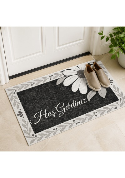 Kartela Halı Hoş Geldiniz Yazılı Papatyalı Kapı Paspası Siyah Beyaz Kaymaz Kauçuk Taban 40x60 Cm