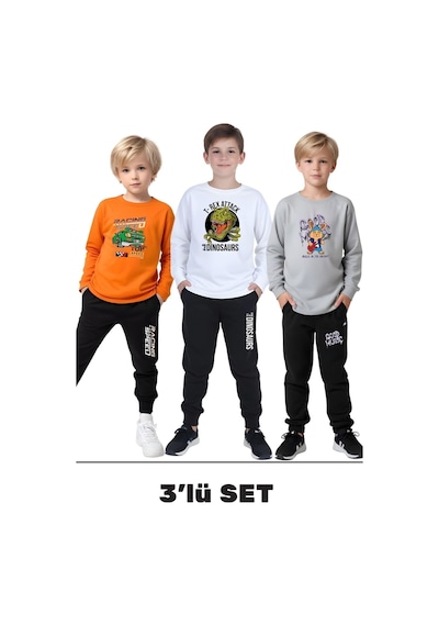 Fyk Kids 3'lü Erkek Çocuk Baskılı Yuvarlak Yaka Alt-üst Pijama Takımı Turuncu