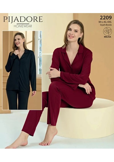 Pijadore Kadın Önü Düğmeli Uzun Kollu Mevsimlik Pijama Takımı 2209 Bordo