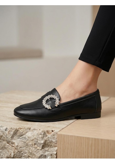 Venüs 26484214 Kadın Taş Toka İnce Taban Loafer Ayakkabı Siyah