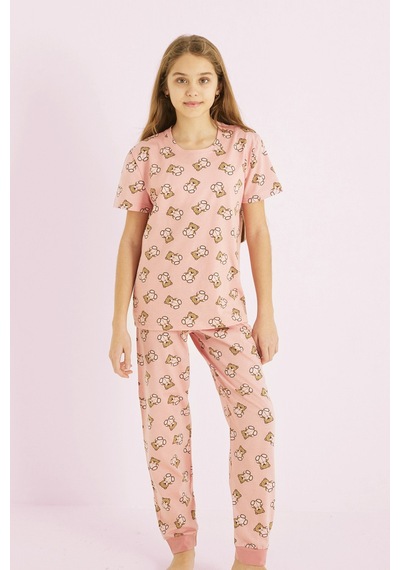 Siyah İnci Kız Çocuk %100 Pamuk Ayıcık Baskılı Bisiklet Yaka Pijama Takım25110055 Pudra