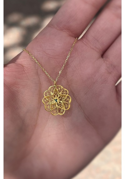Gümüş Mavi Taşlı Telkari Model Kolye Altın