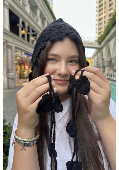 Mollycrush Örgü Yazlık Bere Siyah Çiçek Motifli Hair Band Yazlık Şık Model Siyah