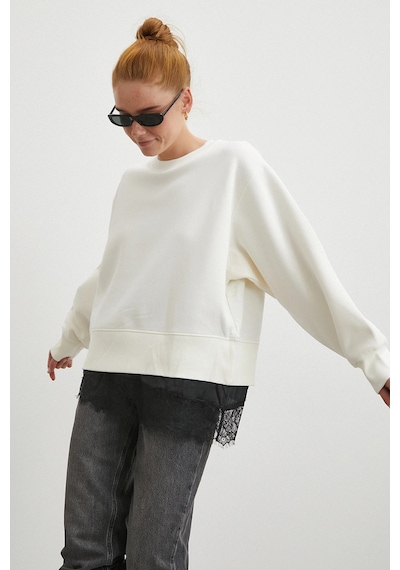 Eteği Dantelli Oversize Sweatshirt Beyaz Beyaz