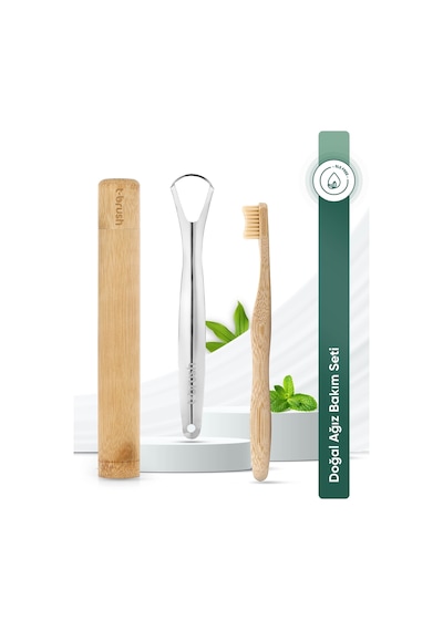 Tbrush Kremrengi Beyaz Bambu Diş Fırçası - Medium Paslanmaz Çelik Dil Temizleyici Diş Fırçası Kabı