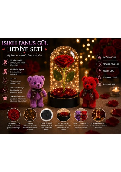 Led Işıklı Mika Fanus Solmayan Yapay Kırmızı Gül & 2 Mini Peluş Ayıcık Sevgiliye Romantik Hediye Set