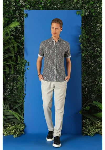 Efor Slim Fit Düğmeli Yaka Desenli Kısa Kol Pamuk Füme Gömlek G 1499 Füme