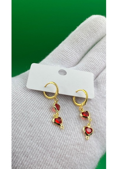 Kadın Gold Renk Kırmızı Kalpli Minimal Küpe Altın