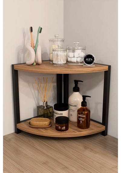 İki Raflı Banyo Köşe Oval Düzenleyici Organizer Raf Metal Gövdeli Çok Amaçlı Banyo Standı Atlantik Çam