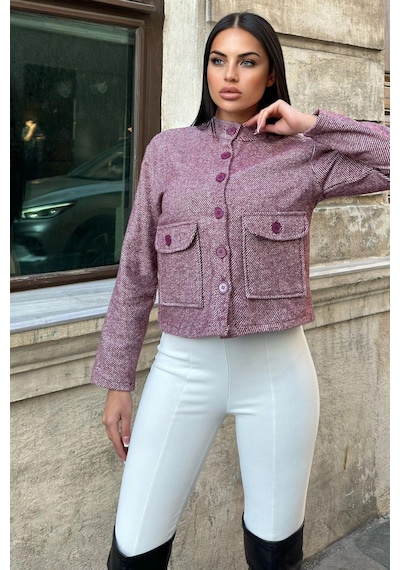 Bordo Dik Yaka, Çift Kapaklı Cep, Kısa Kesim, Diagonal Kaşe Ceket Bordo