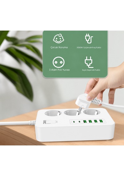 Akım Korumalı 3 Lü Priz 2 Usb-c + 4 Usb-a Hızlı Şarj, 2m Kablo, Çocuk Korumalı Çoklu Priz 0 - 2 M