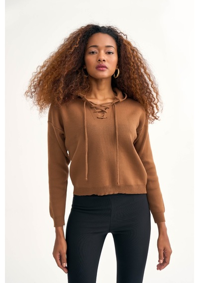Sateen Kapüşonlu Triko Kazak - Kahve-130109 Kahve