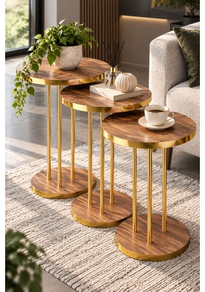 Sulorahome Ceviz Desenli Gold Metal Ayaklı 3'lü Zigon Sehpa Takımı Altın - Kahverengi