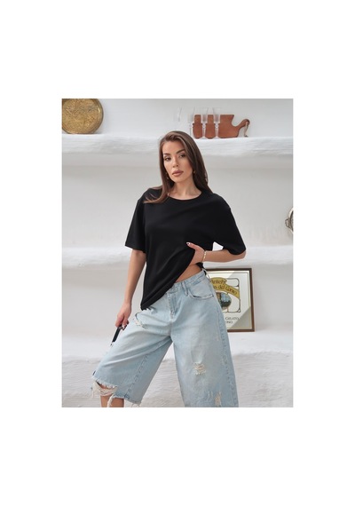 Paw Garage Kadın Mia İnterlok Kumaş Bisiklet Yaka Oversize T-shirt SIYAH